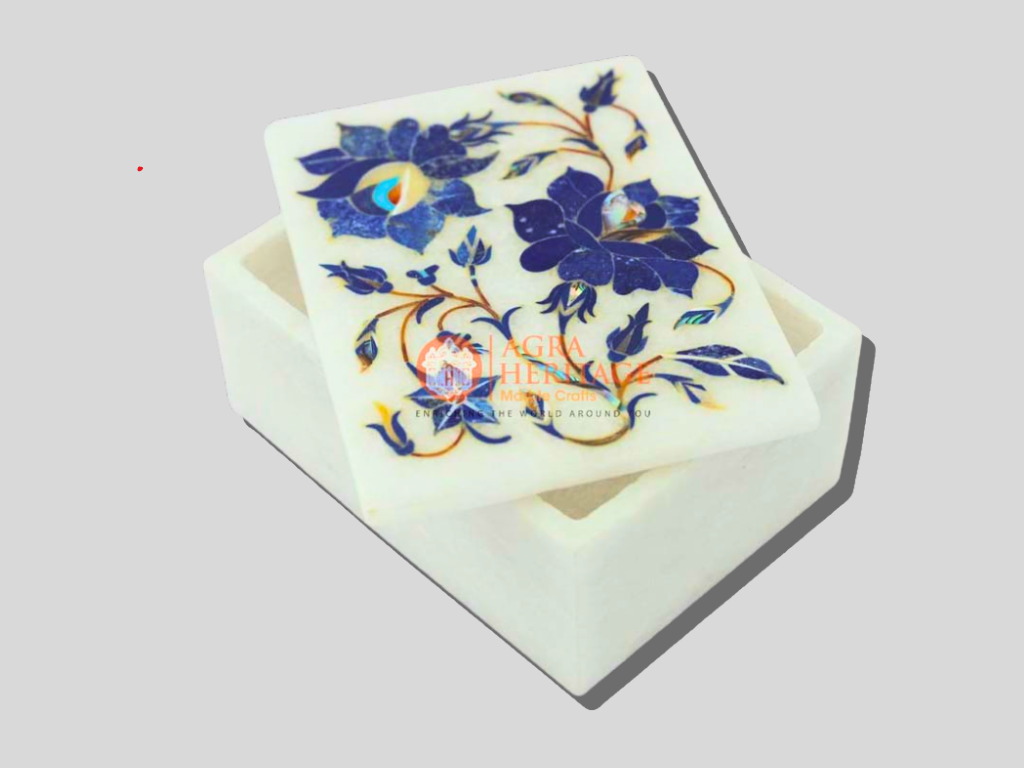 Lapis Floral Art White Marble Jewelry Box